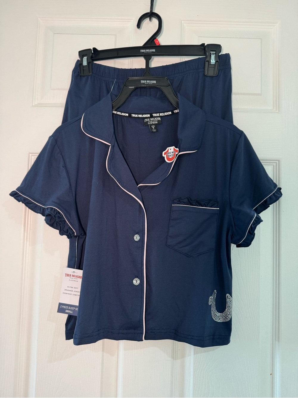 True Religion Navy Pajama Set with Pink Trim